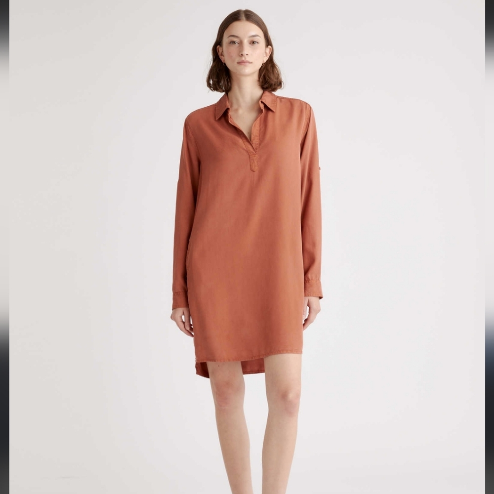 Quince Vintage Wash Tencel Roll Sleeve Tunic Dress Terracotta Womens Size Small